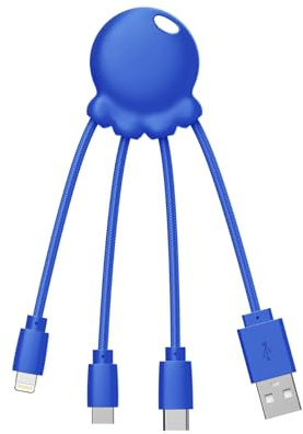 Xoopar Octopus Multi-USB-Kabel 4-in-1 Recycelter Kunststoff - Blau | 4 Anschlüsse in 1: USB-A, USB-C, Lightning und Micro USB - kompakter Oktopus aus recyceltem Kunststoff