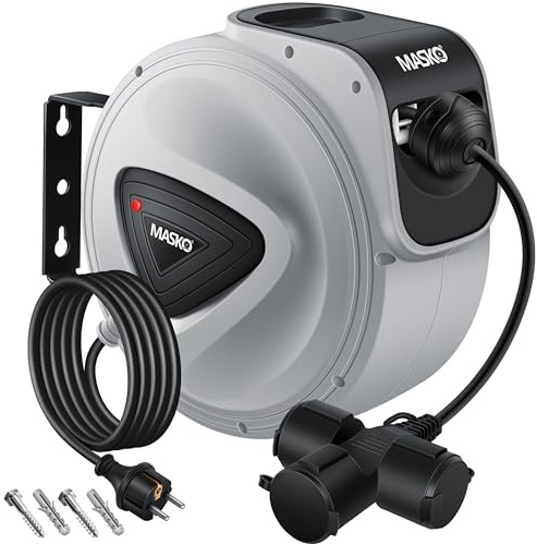 MASKO® Automatik Kabeltrommel Verlängerungskabel 20m mit 3-Fach Anschluss 180° drehbar 1,5m Zuleitung Wandhalterung Werkstatt Kabelaufroller Automatisch Stromtrommel Schlauchaufroller