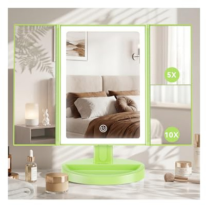 Auxmir Schminkspiegel mit Beleuchtung, 10X/5X/1X Kosmetikspiegel Vergrößerungsspiegel mit Licht & 3 Lichtfarben, Faltbar Spiegel mit Beleuchtung und Dimmbar LED Licht, USB Wiederaufladbar, Grün