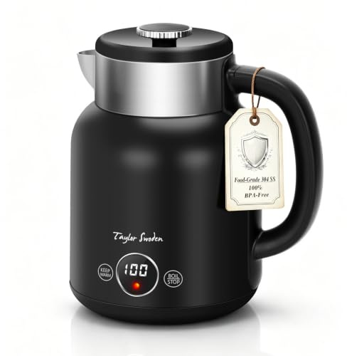 Taylor Swoden Retro Wasserkocher 1,7L, Doppelwand Edelstahl Teekocher | 2200W Wasserkocher leise mit 5 Temperaturstufen, 1H Warmhaltefunktion, Anti-Brüh-Gehäuse, ideal für Tee & Kaffee-Asher