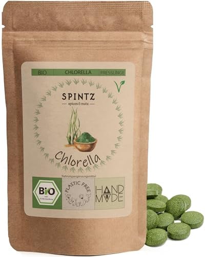 SPINTZ® 200 Stk. Bio Chlorella Bio Presslinge 100% kontrolliert biologischer Anbau | Vegane Tabletten 500mg/Tab | Plastikfrei und nachhaltig verpackte Chlorella Tabletten