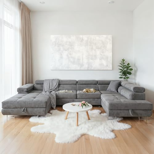 SOFILAND Ecksofa Aller U XXL-Ecksofa mit Schlaffunktion und Zwei Bettkästen, rechte Seite (Hellgrau)