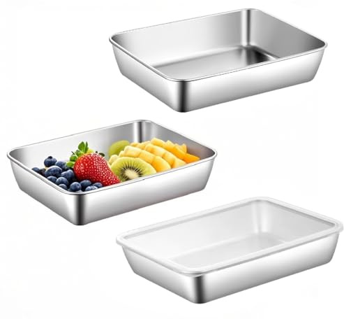 ZMDMAH Panierschalen Set 3-Teilig Edelstahl Schale Rechteckig 25 × 19 ×5cm Panierstrasse mit Deckel,backblech mit deckel Panierset Schnitzel Fleisch Fisch SpüLmaschinenfest