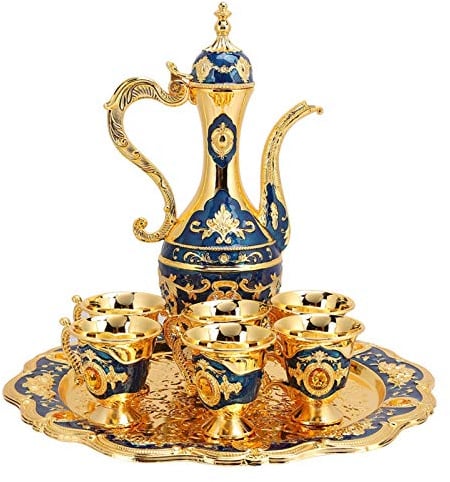 Alvinlite Vintage Türkische Kaffeekanne Set, Türkische Teekanne mit Tablett und 6 Teegläser, Türkische Kaffeetassen Set aus Metall, Türkische Teegläser Set Kaffekanne Marokkanische für Home Tea Party