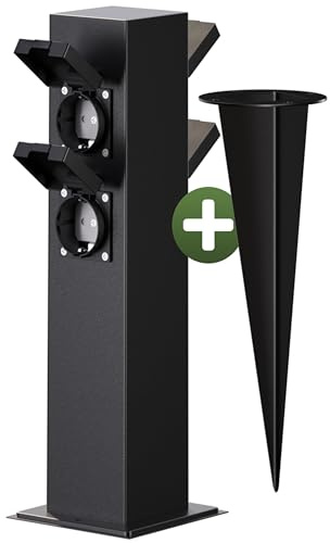 MONZANA® Gartensteckdose 4fach IP44 Metallspieß Garten Außensteckdose Steckdosensäule Mehrfachsteckdose Steckdosenverteiler Outdoor Edelstahl Schwarz