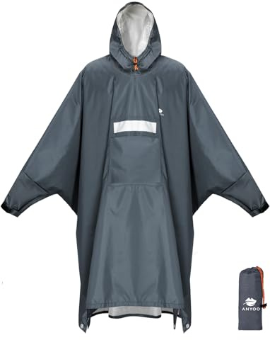 ANYOO Wasserdichter Regenponcho Winddichter Regenmantel mit Seitlichem Reißverschluss, Leichter Regenjacke mit Verstellbaren Ärmeln für Outdoor Wandern Radfahren, Einheitsgröße, Grau