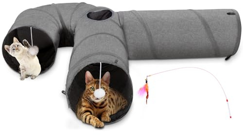 Ownpets Katzentunnel, 3 Wege Katze Tunnel, Katzentunnel Stoff mit Ball und Cat Teaser, Erweiterbar und faltbar, Spieltunnel für Katze, Welpen, Kaninchen, Grau