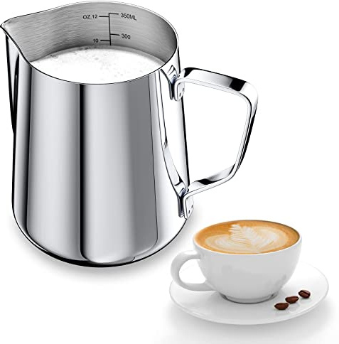 Newaner 350ml Milchkännchen zum Milchaufschäumen 304 Edelstahl, Silber | Milchkanne mit Messung Mark 12oz Barista, Milch Pitcher Cappuccino, Espresso, Latte Art, Perfekt für Kaffeeliebhabe