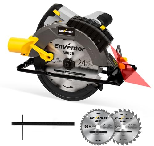 ENVENTOR 1650W Handkreissäge, 5500 RPM Kreissäge mit Laserführung, Leistungsstarker Motor, Schnitt 62 mm (90 °), 46 mm (45 °), (Sägeblatt-Ø: 185mm, inkl. 2x Kreissägeblatt (24T+40T), für Holz, PVC