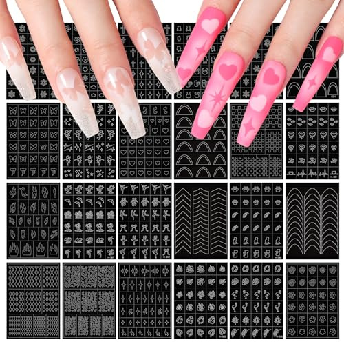 SAVILAND Essentials Airbrush Schablonen für Nägel: 24Blätter Quick Fun Designs Nagelschablonen für Nail Art,170 Musterelemente Nageldesign Aufkleber Anfängerfreundliche Schablonen Airbrush Nagelspitze