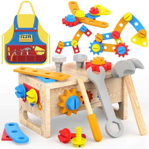 Montessori Spielzeug ab 2 Jahre Junge - Holz Werkzeugkoffer Kinder | Holzspielzeug mit Schürze, Werkbank & Koffer 2-in-1, Feinmotorik-Lernspielzeug, Geschenk für Jungen und Mädchen 3 4 5 Jahre