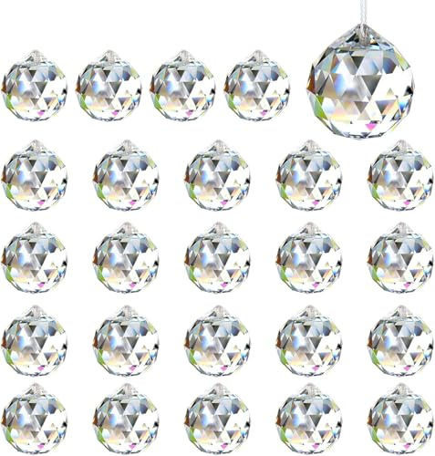 Luxoraiova 24 Stück Kristallkugel 24mm Prisma Sonnenfänger Kristall, hängende Kristalle zum Aufhängen, Regenbogen Anhänger für Fenster, Kronleuchter, Feng Shui & Geschenk