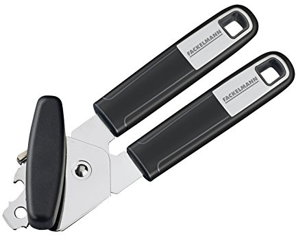 Fackelmann Dosenöffner 25770 20 cm SENSE mit rutschfestem und ergonomischem Soft-Touch-Griff, inklusive Kapselheber, Dosenlocher und Flaschenöffner (Farbe: Silber/Schwarz), Menge: 1 Stück