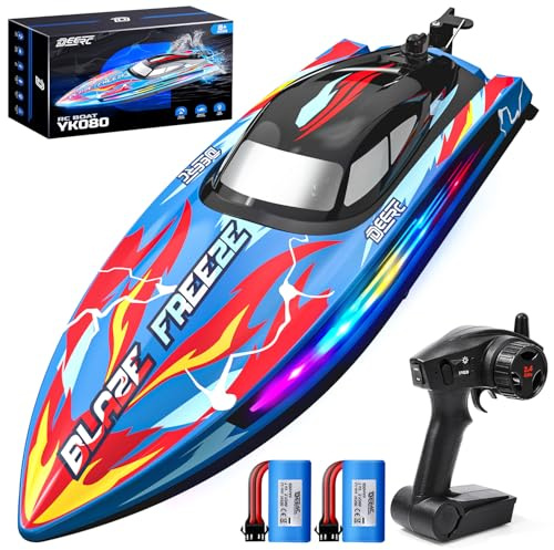 DEERC RC Boot mit LED-Licht, ferngesteuertes, für Pools und Seen, 20+ km/h, 2,4-GHz-Rennboote mit 2 Batterien, Poolspielzeug für Kinder, ferngesteuertes Wasserfahrzeug (Blau)
