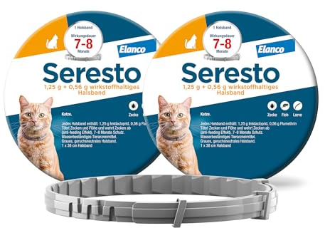Seresto Zeckenhalsband für Katzen, 7-8 Monate Zeckenschutz, 2 Stück | Spar-Set mit 2 Stück für 7-8 Monate Schutz vor Flöhen & Zecken. Mit zweistufigem Sicherheitsverschluss. Wirkt vor dem Stich.