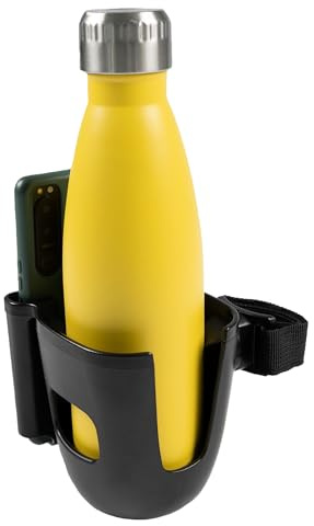 Zamboo Getränkehalter Kinderwagen & Buggy mit Handyhalter | Universal Flaschenhalter & Smartphonehalter | 360° drehbar, einfache Klettmontage – Schwarz
