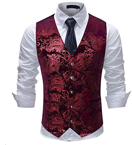 Allthemen Weste Herren Westen Gilet Jacquard Anzugweste für Hochzeit und Party Rot L