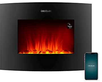 Cecotec Dekorativer Elektrischer Kaminofen ReadyWarm 2250 Curved Flames Connected. 22, 2000 W, Steuerung über Wi-Fi, Fernbedienung, Gekrümmte Anzeigetafel aus gehärtetem Glas, 20 m2