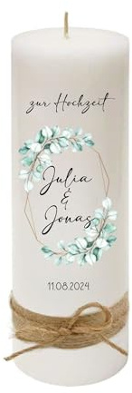 MilaBoo® Hochzeitskerze personalisiert in 8x25cm I Traukerze beidseitig bedruckt in Farbe I Hochzeitsgeschenk für Brautpaar Made in Germany (Eukalyptus 2)