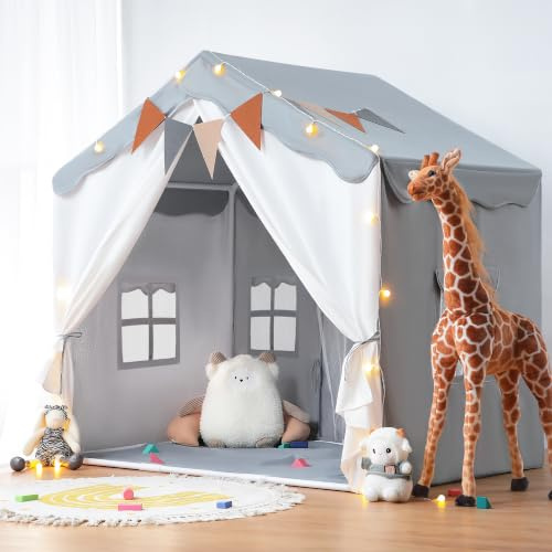 besrey 2-in-1 Kinderzelt Indoor Groß - Extra große Spielzelt- Grau | Großes Spielzelt 130×90×130 cm, gemütlicher Rückzugsort, Kinder Bettzelt, Kinderzimmer Geschenk