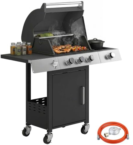 Outsunny Gasgrill 10,5 KW 3+1 Brenner BBQ mit Seitenbrenner Edelstahl
