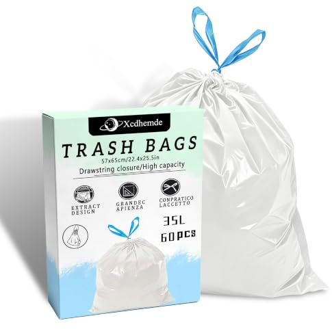 Xcdhemde® 60 Stück Müllbeutel 35L mit Zugband - B 57 x H 65 cm, Weiß | Reißfeste Müllsäcke, Auslaufsichere Mülltüten, für 30-40-Liter-Mülleimer, Küche, Schlafzimmer, Badezimmer, Wohnzimmer, Büro