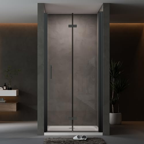 AQUENITH Duschtür Falttür 90cm Duschabtrennung mit 180°Pendeltür Nischentür Drehtür Faltbar Dusche aus 6mm NANO ESG Glas Höhe 195 cm,Schwarz