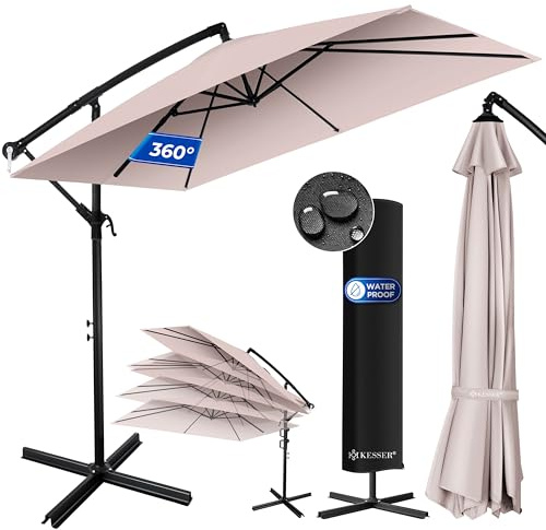 KESSER® Ampelschirm Holly Sonnenschirm Rechteckig inkl. Abdeckung mit Kurbel | Kurbel-Schirm mit Ständer UV-Schutz Aluminium Wasserabweisend Ø350cm Gartenschirm Marktschirm Taupe