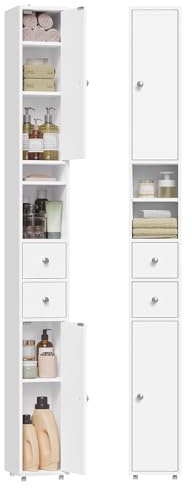 EUGAD Badezimmerschrank, Badschrank schmal hoch, schlanker Badschrank, 20 x 20 x 180 cm, Aufbewahrungsschrank mit verstellbaren Ablagen, offene Fächer, für kleine Räume, modern, Weiß 0257WY