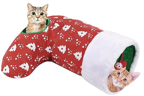 Pawaboo Katzenspielzeug, 2 Wege Weihnachtssocke Katzentunnel Upgrade Weihnachten Tunnel Spielzeug mit Crinkle Papier & Federstahlrahmen Interaktives Spielzeug Kleintier Röhr für Kätzchen, Rot & Weiß