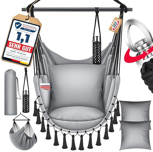 KESSER® Hängesessel Safari XXL Hängestuhl für Erwachsene & Kinder Hängematte bis 150 kg Hängesitz Aufhängung Indoor-Outdoor-Wohnen Inkl. Tragetasche, 2 Kissen, Getränkehalter & Bücherfach, Grau