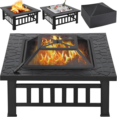 Yaheetech Feuerschale mit Funkenschutz, 3 in 1 Feuerstelle Feuerkorb mit Schürhaken, Fire Pit Feuerschalen für den Garten/Heizung/Terrasse/Camping, Schwarz