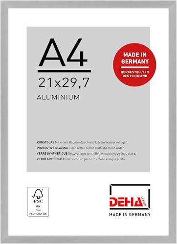 DEHA Design Aluminium Bilderrahmen Tribeca, 21 x 29,7 cm (A4), Silber | Aluminium Dokumentenrahmen im Hoch- & Querformat zum Aufhängen Silber gebürstet bruchsicheres Kunstglas