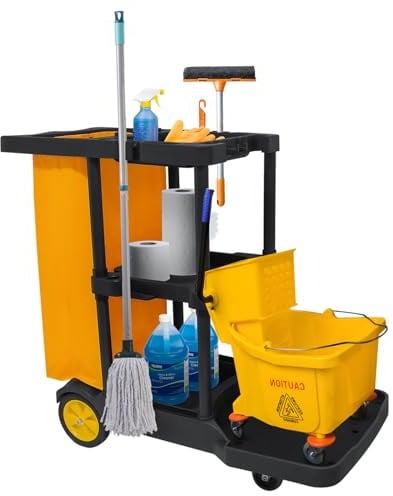 bimiti Profi Putzwagen Reinigungswagen mit extra groß Tasche, 113 x 56 x 93 cm, 3 Ebenen Reinigungswagen Putzwagen Haushaltswagen mit 4 Rollen, Große Kapazität 65 L Müllsack, Gelb + Schwarz