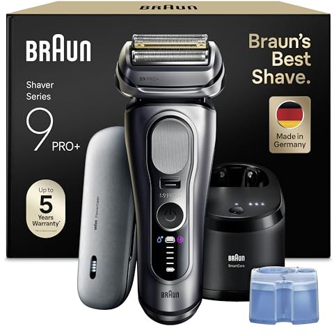 Braun Rasierer Herren Elektrisch Series 9 PRO+, 9677cce, Silber - Elektrorasierer, 5+1 Ultradünne Klingen, Barttrimmer 60 Min. Akku, Wasserdicht, Made in Germany, Inkl. Ladeetui, 6in1 SmartCare Center