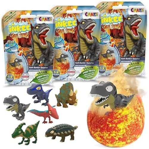 INKEE Surprise DINO | 3er Pack Badebomben Kinder mit Überraschung, 3x Ei-Form Badebomben mit dinosaurier spielzeug & Pfirsich-Eistee Aroma, Badekugeln mit Badewannenspielzeug