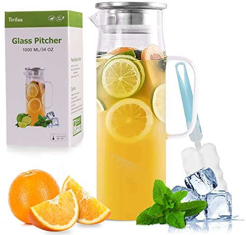 Yirilan 1 L Karaffe mit Deckel, Glaskrug, Wasserkaraffe, Transparent | Borosilikatglas Glaskaraffe mit Deckel. BPA-frei. Inkl. Reinigungsbürste. Für Wasser, Saft, Eistee & Kaltgetränke.