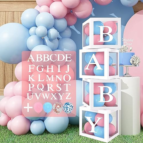 Luftballons Rosa Blau mit Baby Box, 123 Stück Gender Reveal Party Deko Box | 4 Ballonboxen 27 Buchstaben(A-Z+B), Gender Reveal Luftballons Rosa Blau für Gender Reveal party Babyparty Baby Shower