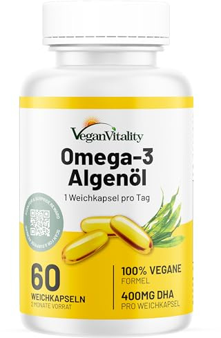Omega 3 Vegan Algenöl - 400 mg DHA pro Kapseln, 60 Omega 3 Kapseln Hochdosiert Algenöl Vitamin Stack Vegan - Ohne Fischöl