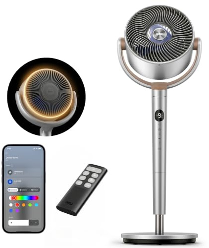 DREO Smart Standventilator mit RGB Light, 120° +120° Oszillierender Ventilator mit Fernbedienung, 20dB Leiser Bodenventilator für Schlafzimmer, 8H Timer, Silber