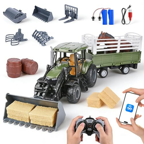 Zoelele Ferngesteuerter Traktor mit Anhänger, 5X Fahrzeugfront, Bauernhof Spielzeug Set, Kinder RC Traktor Spielzeug, 2.4 GHz Fernbedienung&App, Bauernhof Fahrzeug Spielzeug Kinder ab 3 4 5 6 7 Jahre
