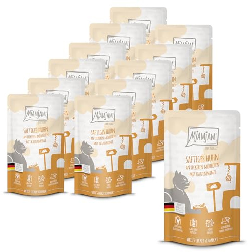 MjAMjAM - Premium Nassfutter für Katzen - Quetschie - saftiges Huhn an leckeren Möhrchen, 12er Pack (12 x 125 g), getreidefrei mit extra viel Fleisch