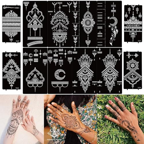 DIVAWOO 12 Blatt Temporäre Tattoos Henna Schablone Set, Indischer Arabischer Hände Hand Tattoo Tempel Aufkleber für Frauen Finger Körper