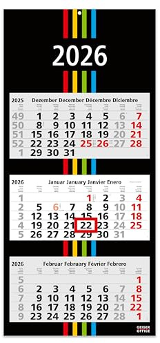Geiger-Office 3-Monatskalender 2026 BLACK+STRIPES - Wandkalender 33 x 70 cm Großformat - Bürokalender mit 3 perforierten Kalenderblocks und Metallöse - Made in Germany