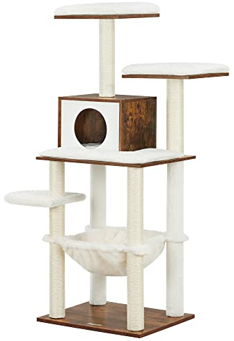 Feandrea Kratzbaum, 138 cm Katzenbaum, modern, mehrstöckiger Katzenkratzbaum, Kuschelhöhle, Sisalstämme, Hängematte, Plattformen, weicher Plüsch, waschbare Kissen, vintagebraun PCT164X01