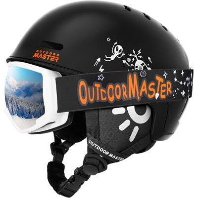 OutdoorMaster Kinder Skihelm + Skibrille Set Verstellbar Sicherheitsgeprüft | PC-Schale, EPS-Schaum, 12 Belüftungen, Anti-Beschlag, UV-Schutz, OTG, Weiches Innenfutter, Ideal für Wintersport