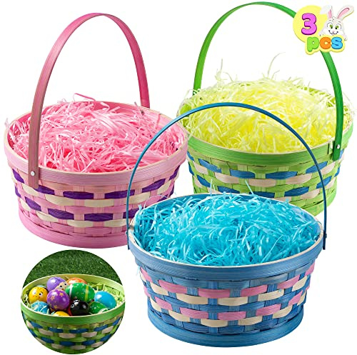 JOYIN 3 Teiliger Geflochtener Bambus Osterkorb mit Tricolor Graspapierfetzen, Ostereier Wiker Korb mit Griff für Picknick, Gastgeschenke, Dekorationen