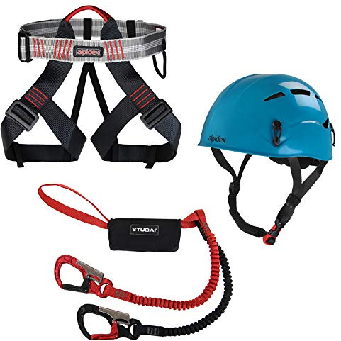 ALPIDEX Kletterhelm Klettergurt + Stubai Klettersteigset BASIC 3.0, Farbe:turquoise blue, Größe:Gurt - Universalgröße/green pepper