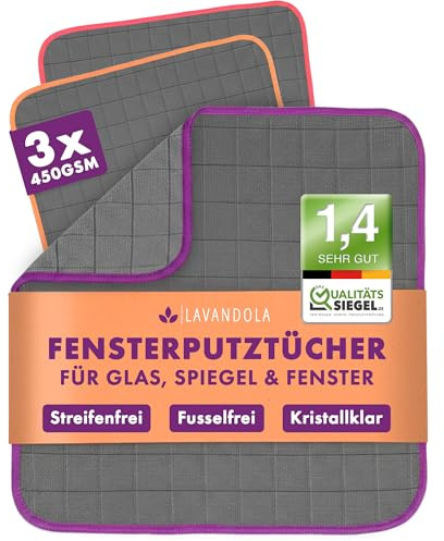 Lavandola® 3X Fensterputztücher Carbon Mikrofaser (450 GSM Extra Stark) - Streifenfrei & Saugstark für Fenster, Auto & Spiegel - Premium Glastuch ohne Chemie