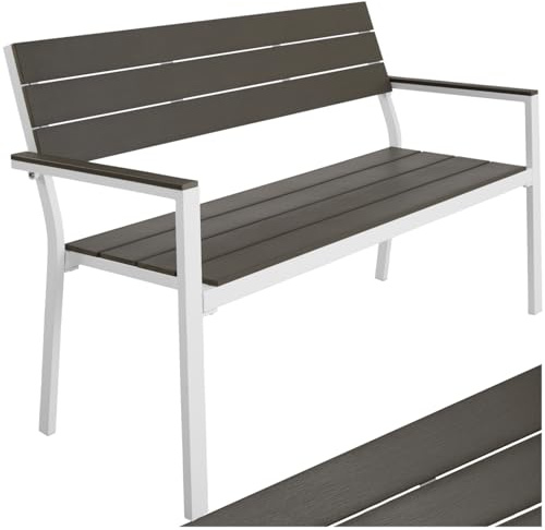 tectake® Gartenbank, Bank in Holzoptik mit Aluminium Rahmen, Gartenmöbel, Balkonbank Sitzbank für Wintergarten Terrasse Garten, bis 250kg belastbar, 2-Sitzer Parkbank, 128 x 59 x 88 cm - hellgrau/weiß
